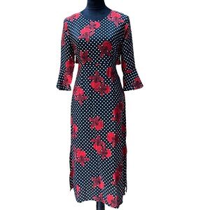 Silk Polka dot dress orchid print Red semi sheer lace tie back 3/4 bell‎ sleeve